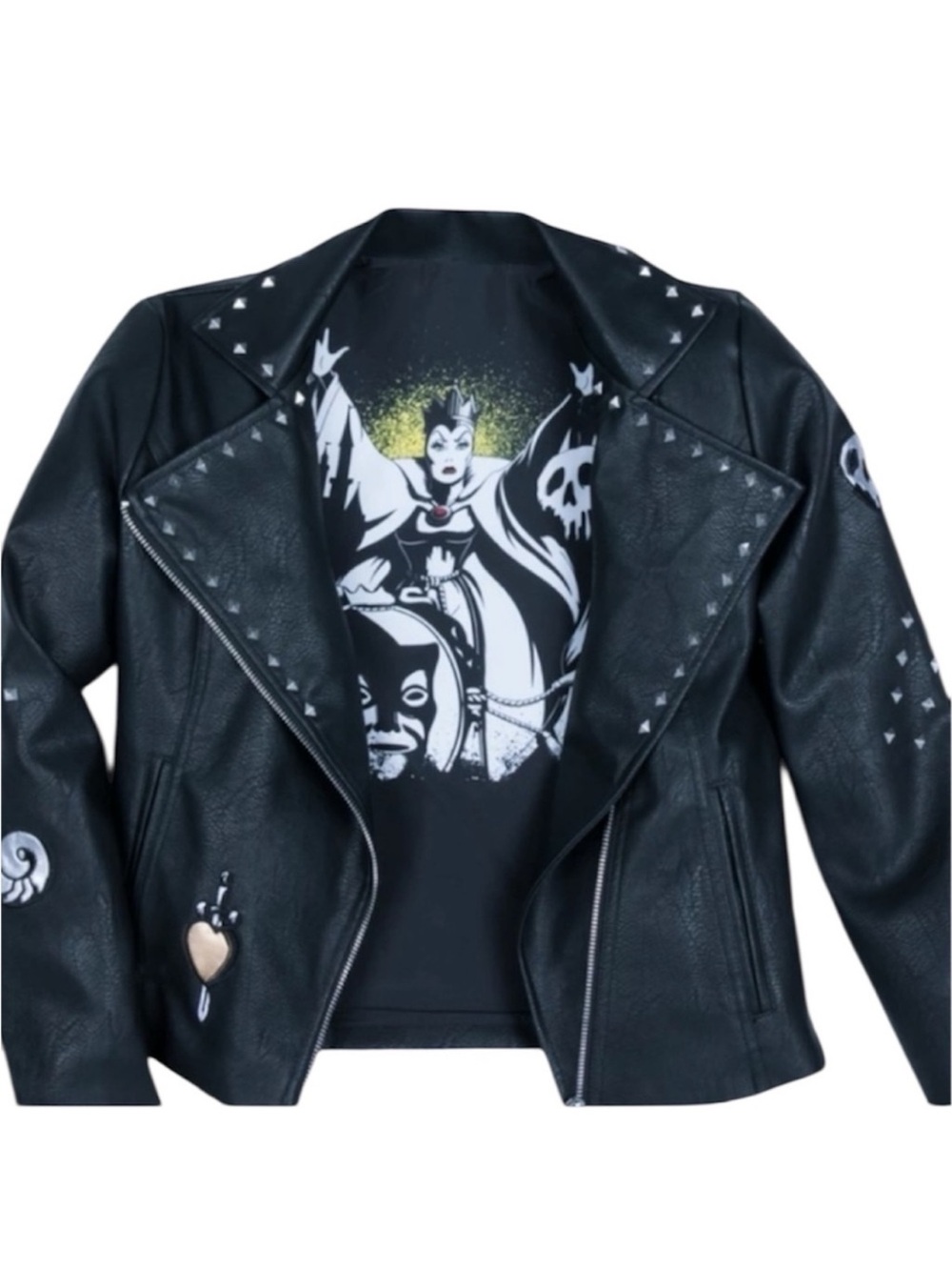 DISNEY Villains Snow White Evil Queen Wicked Black Faux Leather Jacket Studs XL
